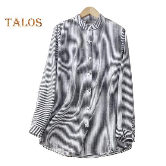 Damen Bluse mit Stehkragen, Langarm, Einreiher, Oberteile, vertikal gestreifter Druck, lockere Passform, Bürodamenbluse