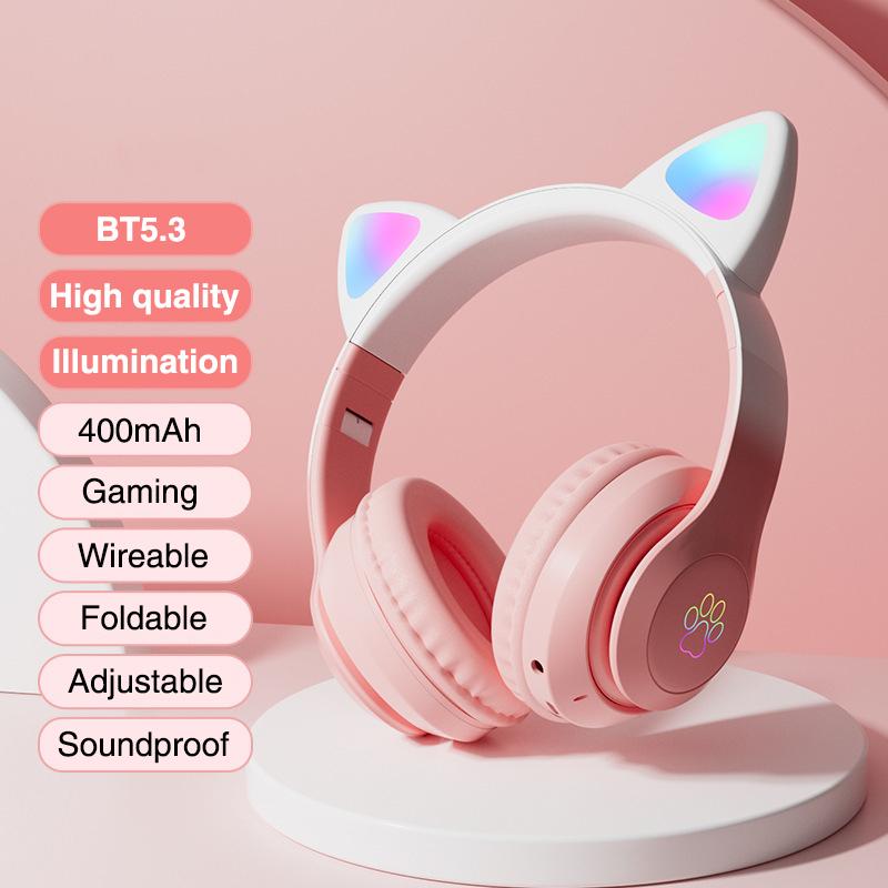 Cat Bluetooth Headphone Wireless Gradient Color Led Light With Mic Kids Girls Stereo Phone Music Headset Gamer Gift