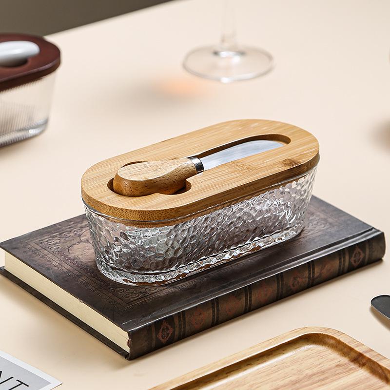 Transparent Glass Butter Dish with Lid & Spreader - Cheese Fresh-Keeping Box for Home Use