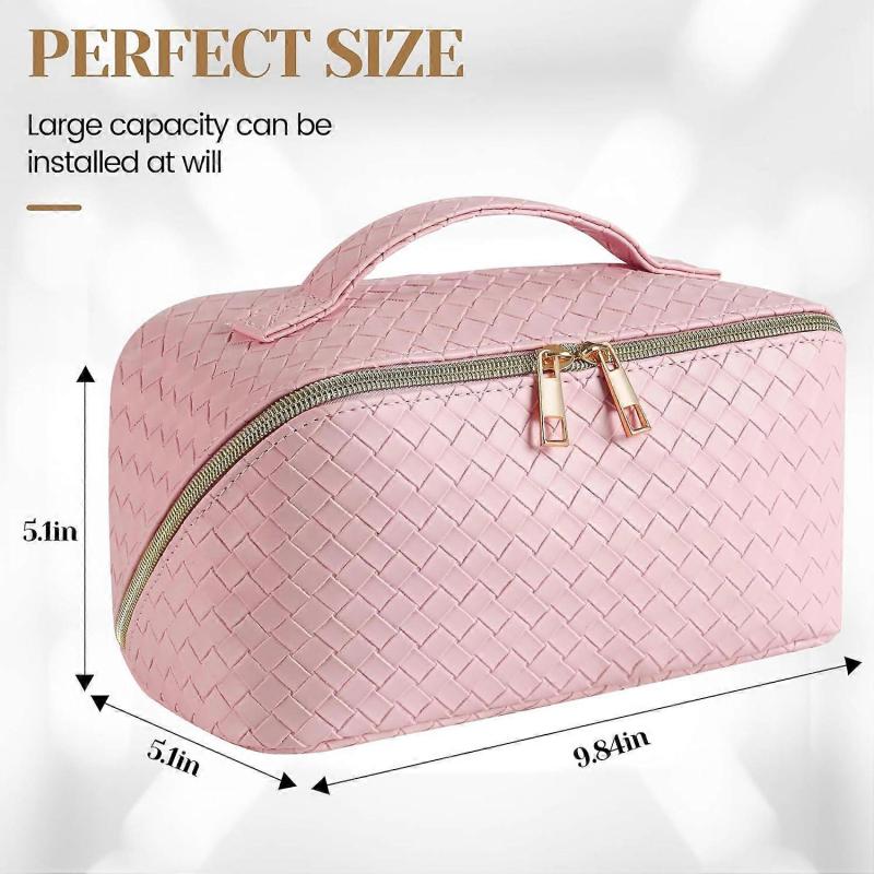 ZENGO Makeup Bag, PU Leather Waterproof Cosmetic Bag, Travel Makeup Bag With Handle (Pink)