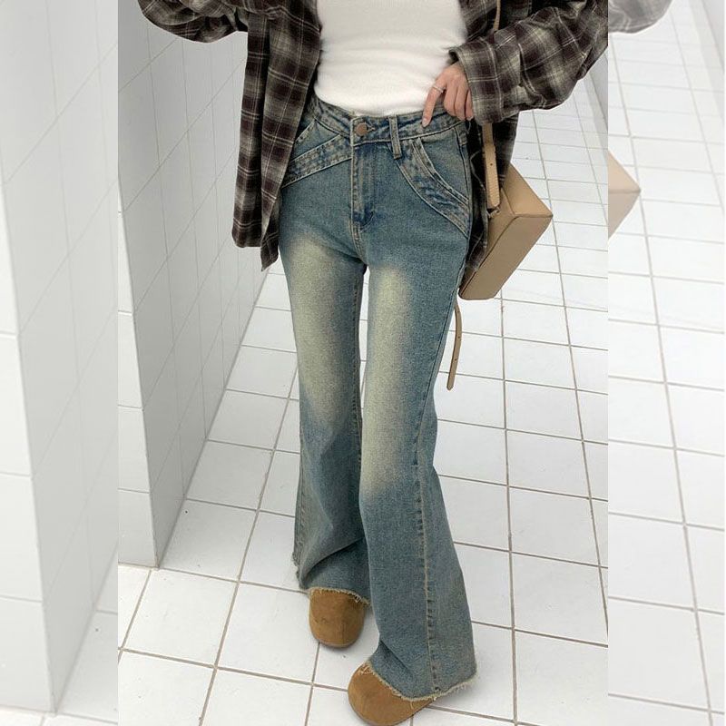 Micro Flare Jeans Women Nostalgic Blue Design Sensibility Autumn and Winter Thin and Versatile Horseshoe Pants Retro Baggy Long Jeans for Ladies