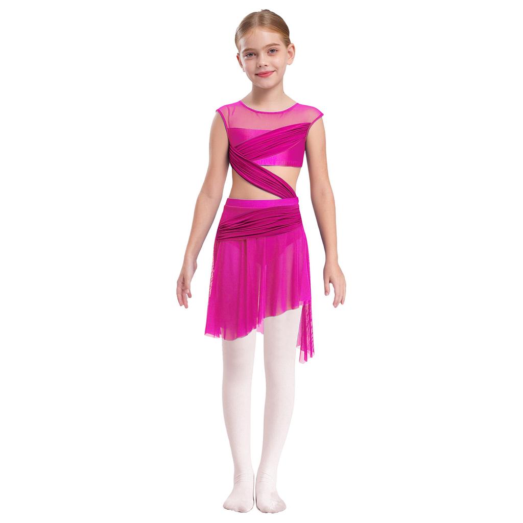 Abito da Danza Lirica a Pezzo Unico da Bambina Senza Maniche Rete Trasparente Patchwork Asimmetrico Abito da Ballo