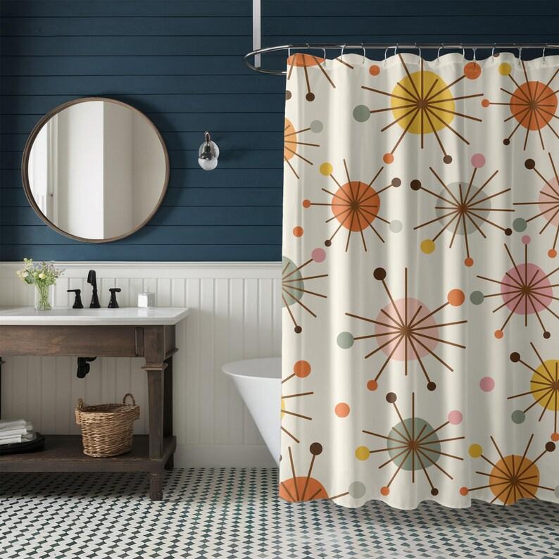 Mid Century Modern Shower Curtain - Retro Geometric, 50s MCM, Lime, Cream, Green, Mustard & Rust, Colorful Bath Decor