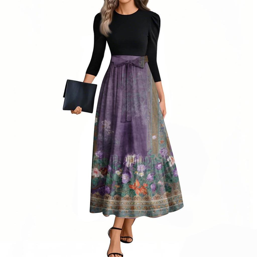 Damskie modne codzienne sukienki z paskiem, z rękawem trzy czwarte, z okrągłym dekoltem, z kwiatowym nadrukiem, eleganckie, z temperamentem