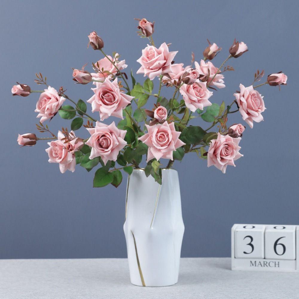3 Head Simulation Rose Flower Luxury Fake Flowers Artificial Rose Branch  Outdoor Garden Decor