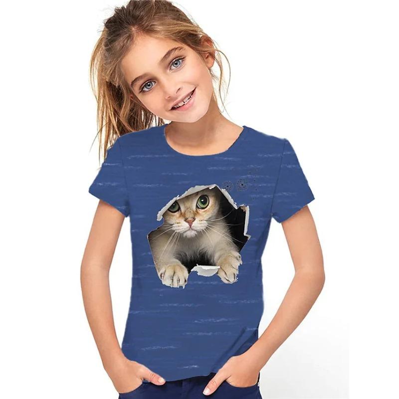 Cat Print T-shirt, Summer Casual Short Sleeved Round Neck Top for Children and Girls, As A Gift Top