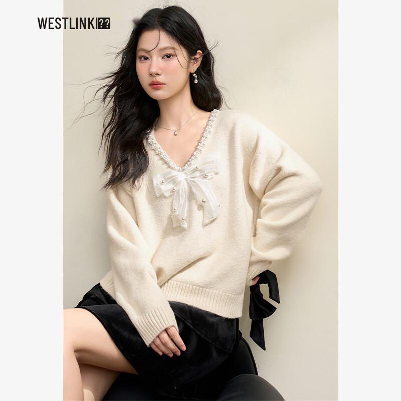 Women s V-Neck Beaded Bow Knit Sweater M