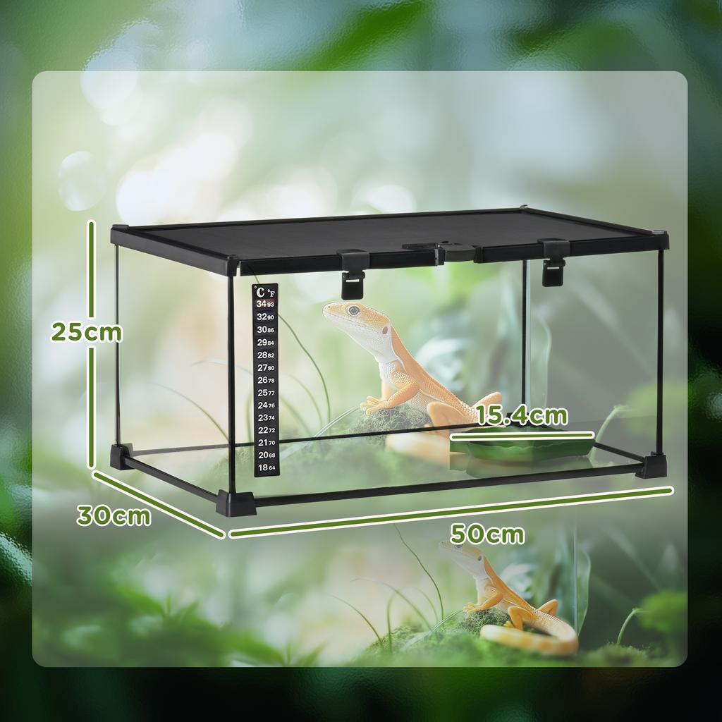 Raised Reptile Terrarium with Lock and Thermometer, Glass and Wire Mesh, 50x30x25 Cm, Black