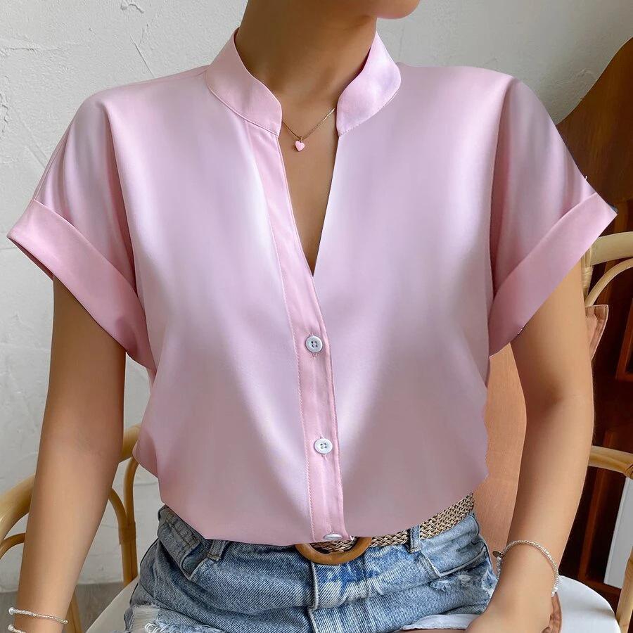 

YYFS Women s Fashion Casual Summer Solid Color Print Short Sleeve V-Neck Blouses & Shirts XXL рожевий