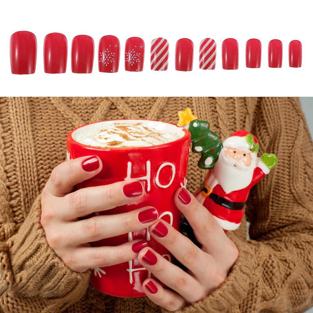 

Stripe Snowflakes Fake Nail Wearable Manicure False Nail Fashion Christmas Fake Nails Only False Nail