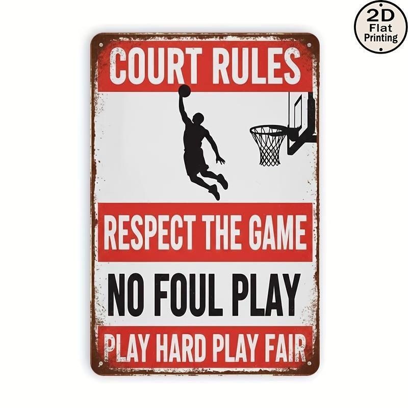 

2D Flat 1pc Retro Basketball Court Rules Aluminum Wall Plaque Frameless Hanging Sign 7.87*11.8 Inch Suitable for Home, Office, Cafe Decor, Vintage 20*30cm