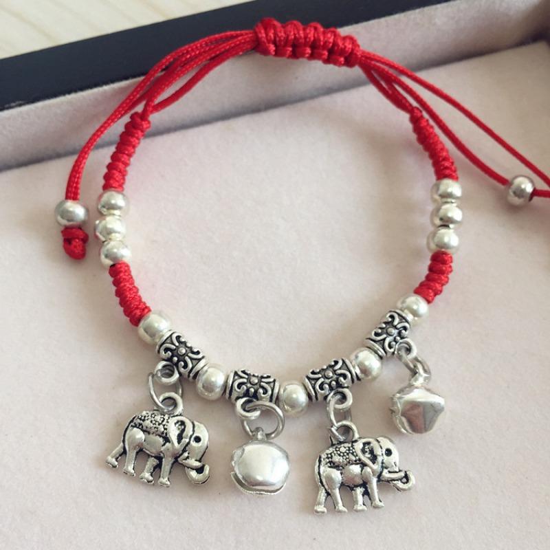 Retro red rope bracelet, small fresh couple bell, long life lock, safe anklet, handmade hidden silver jewelry.