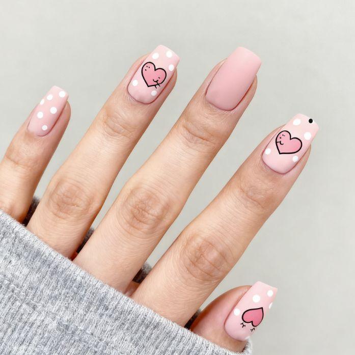 24 pieces of new Valentine's Day manicure, sweet and cute matte pink love polka dots, medium and long wearing armor