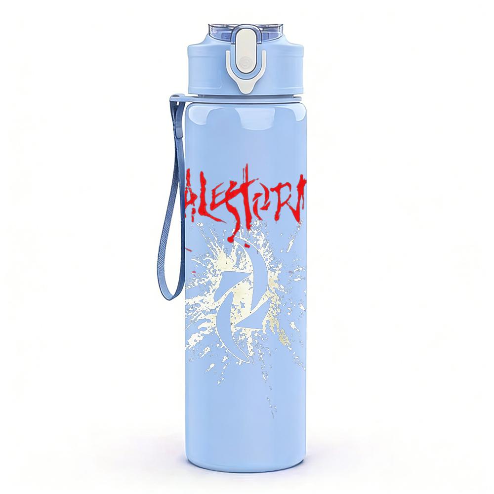 1PC Faint vintage band sketch print 750ml colorful plastic sports water bottle leakproof pop up lid with straw for outdoor work home use