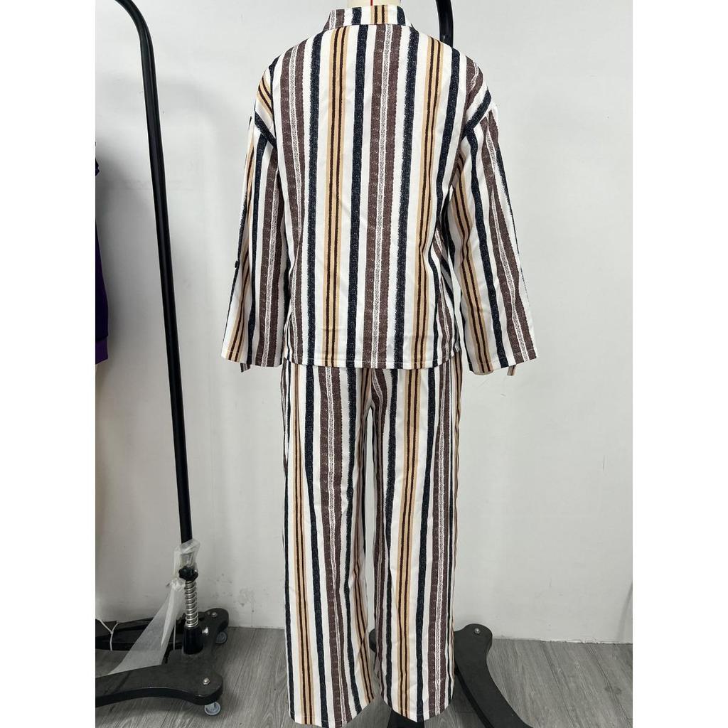 Women's Striped Print Two-piece Outfit, Fall Winter European American Style Clothing Set for Crossborder