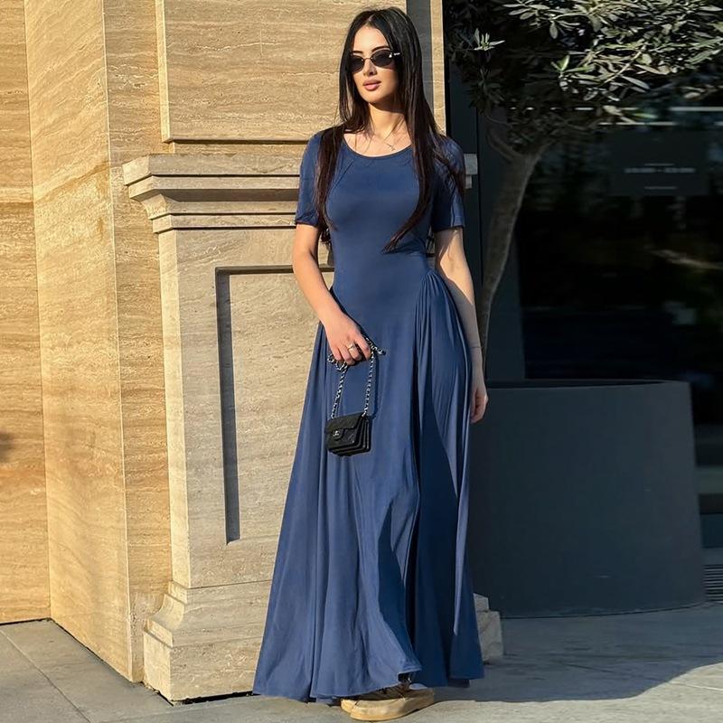 

European and American women s clothing autumn new short-sleeved solid color round neck big swing skirt European and American style slim dress L Темно-синій