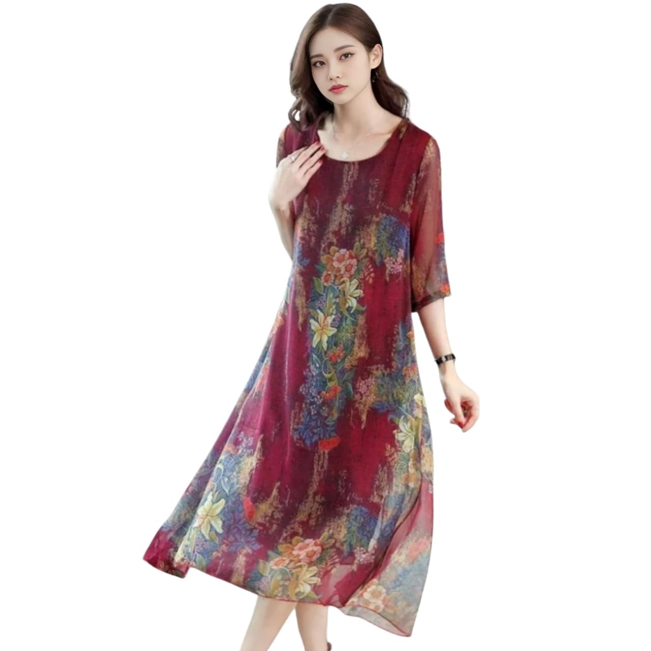 

J-Scott Women s A-Line Chiffon Dress with Floral Print, Round Neck, Asymmetrical Hem, and 3/4 Sleeves, Red, JS15-RD-L