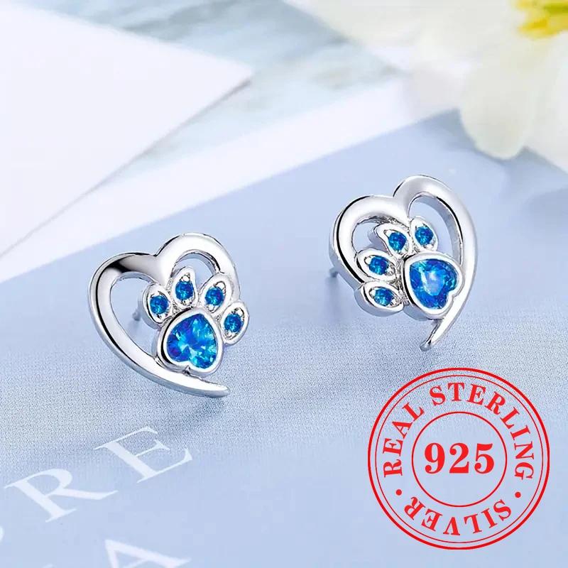 Sweet Shiny White CZ Heart Pierced Earrings for Girls  Sterling Silver Cute Pet Paw Prints Jewelry Daily Party Jewelry