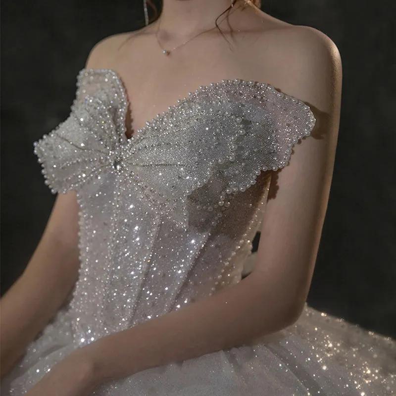 Rochie de Mireasă Fără Bretele cu Fundă Franțuzească - Rochie de Mireasă Luxoasă Strălucitoare, Rochie de Bal Prințesă din Tul cu Sclipici și Corset