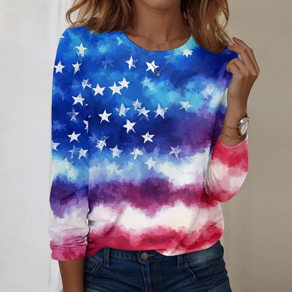 Women's Fashionable Casual Long-Sleeved Independence Day Print Neck Top