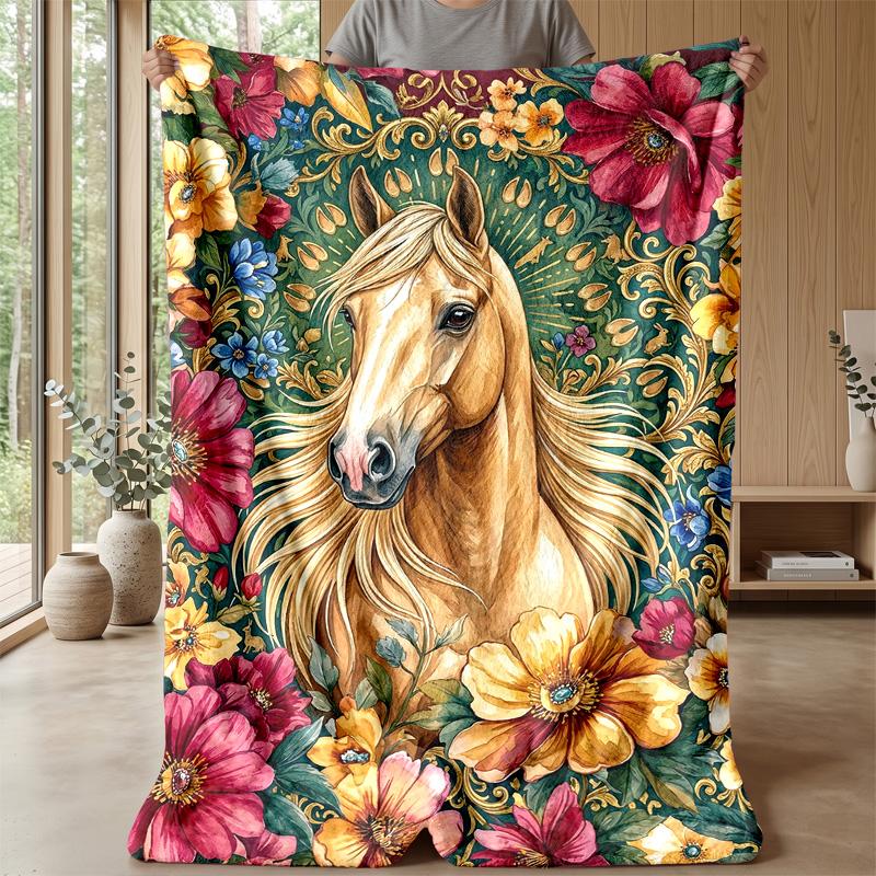 Horse Amidst Floral Splendor Theme Blanket Lightweight Warm Flannel Blanket Decorative Throw Blanket for Home Decoration