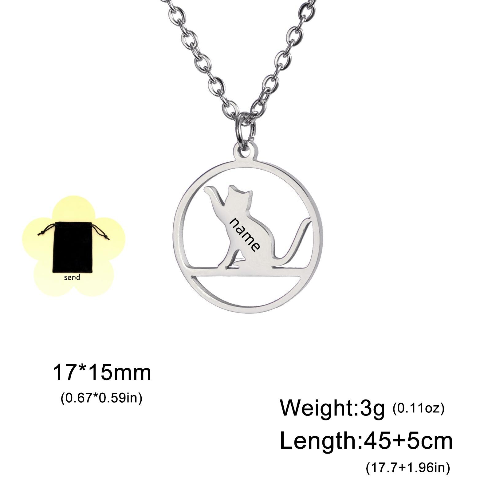 Customized name text circular horizontal bar with raised cat pendant necklace stainless steel personalized necklace couple gift 45-50cm