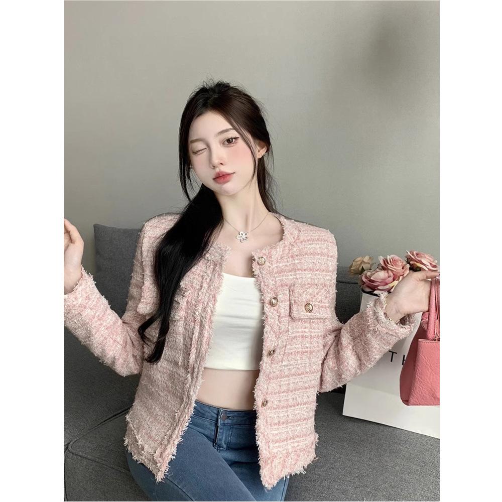 New French celebrity Xiaoxiangfeng daughter pink suit short jacket women's early spring autumn and winter top