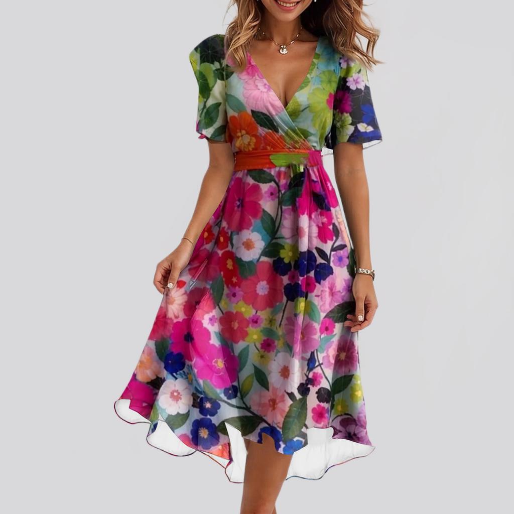 Ladies' Casual And Fashionable Solid Color V-neck Waist Cinching A-line Zipper Dress