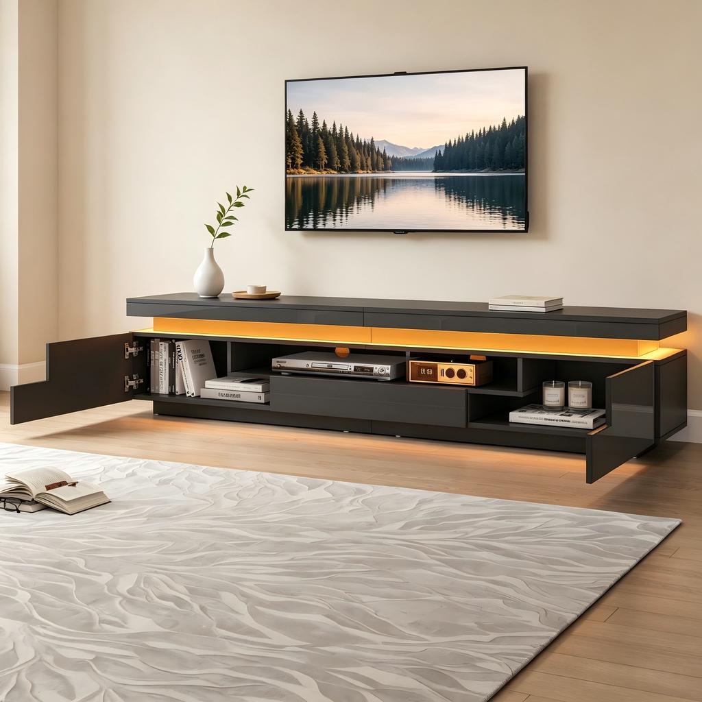 175*38*45cm Living Room TV Stand with 2 L-Shaped Cabinets and 1 Drawer, High-Gloss Cabinet with LED, Semi-Open Storage, Around 75 Inches, Black