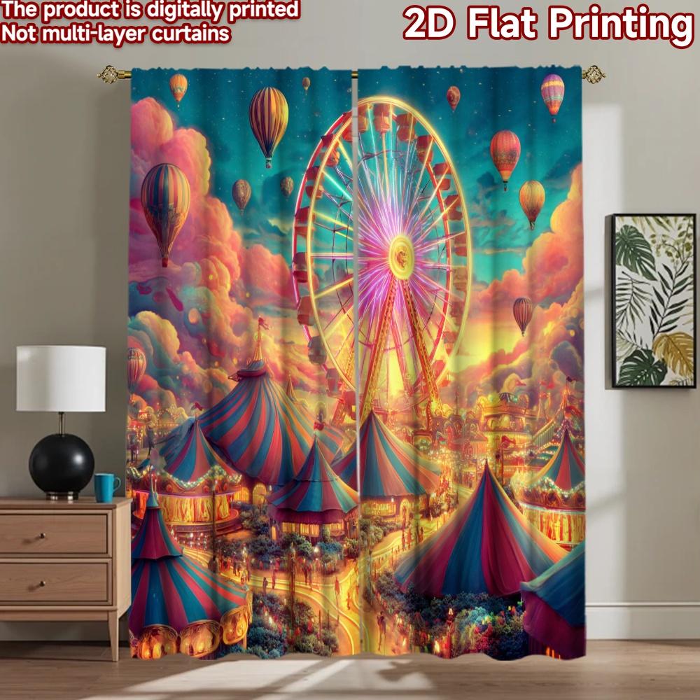 2D flat printing 2pcs Party Curtain Carnival Festival Ferris Wheel Hot Air Balloons Digital Printed Polyester Drapes Festive