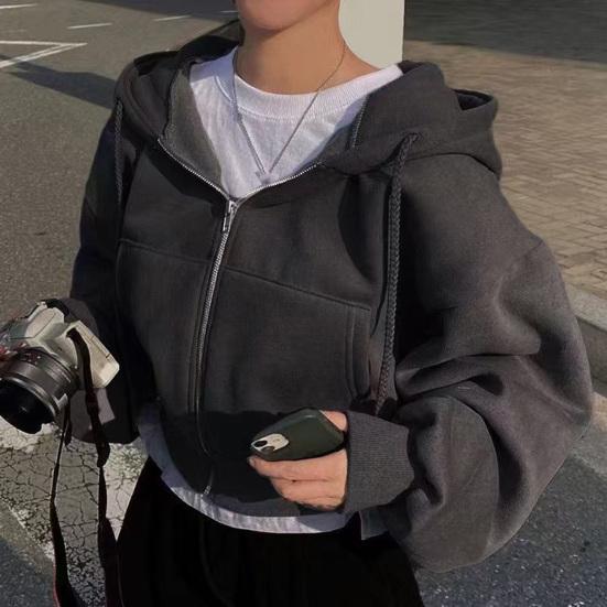 Felpa Corta con Cappuccio e Zip da Donna con Coulisse Maniche Lunghe Felpa Corta Autunnale Casual Giacca con Cappuccio e Tasche