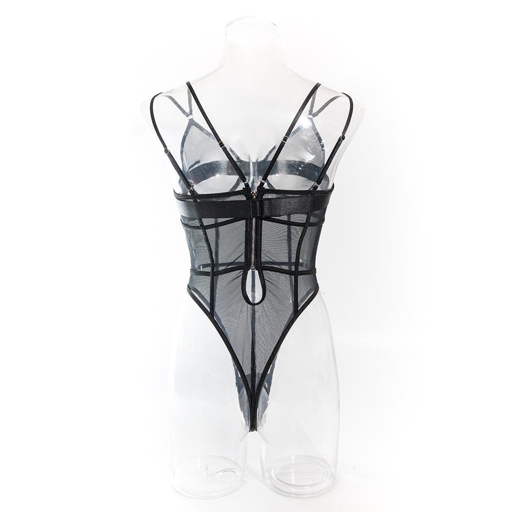 European and American Style Sexy Women's Bodysuit Set: Mesh See-Through, Deep V, Double Spaghetti Straps, Solid Color.