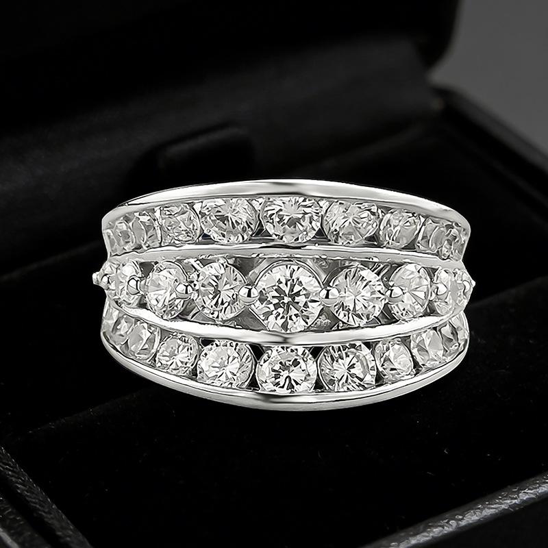

Luoxi Temple Jewelry Elegant S925 Silver Ring with Full Diamond Three Row Design - Stackable and Stylish Niche Piece Size 9