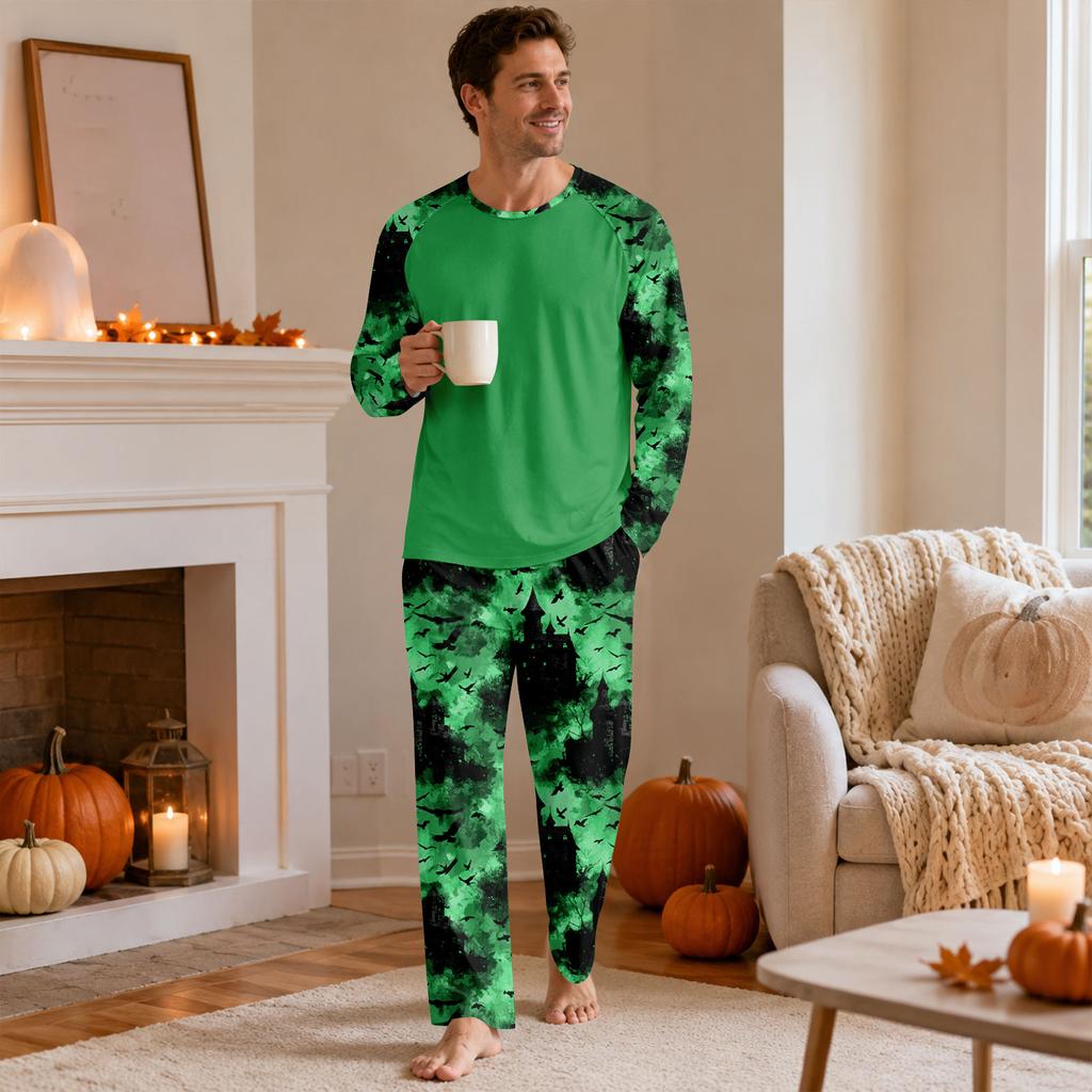 Men's Halloween Pajama Set with Long Sleeve Round Neck Top and Pants for Comfortable Sleep