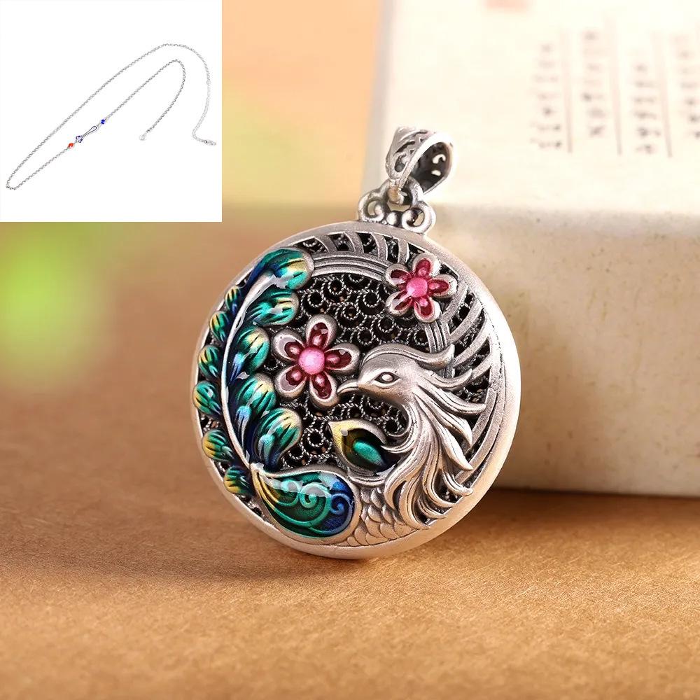 Sterling Silver Phoenix & Plum Blossom Enamel Cloisonné Long Necklace Pendant for Women