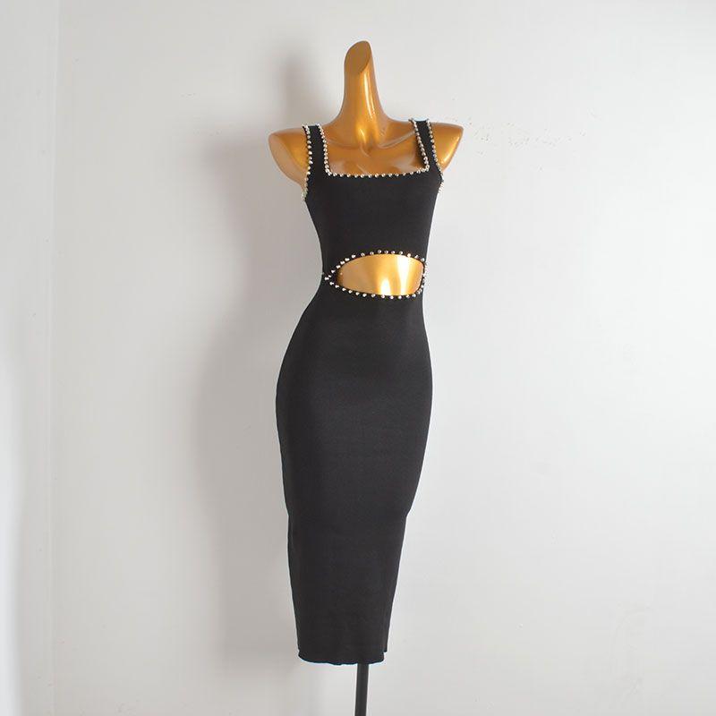 

Western Style Gyaru Sexy Square Collar Heavy Industry Beads Hollow Knit vest Dress Women Tight Slimming Sheath Skirt Black S(Micro defects (mind not to shoot))