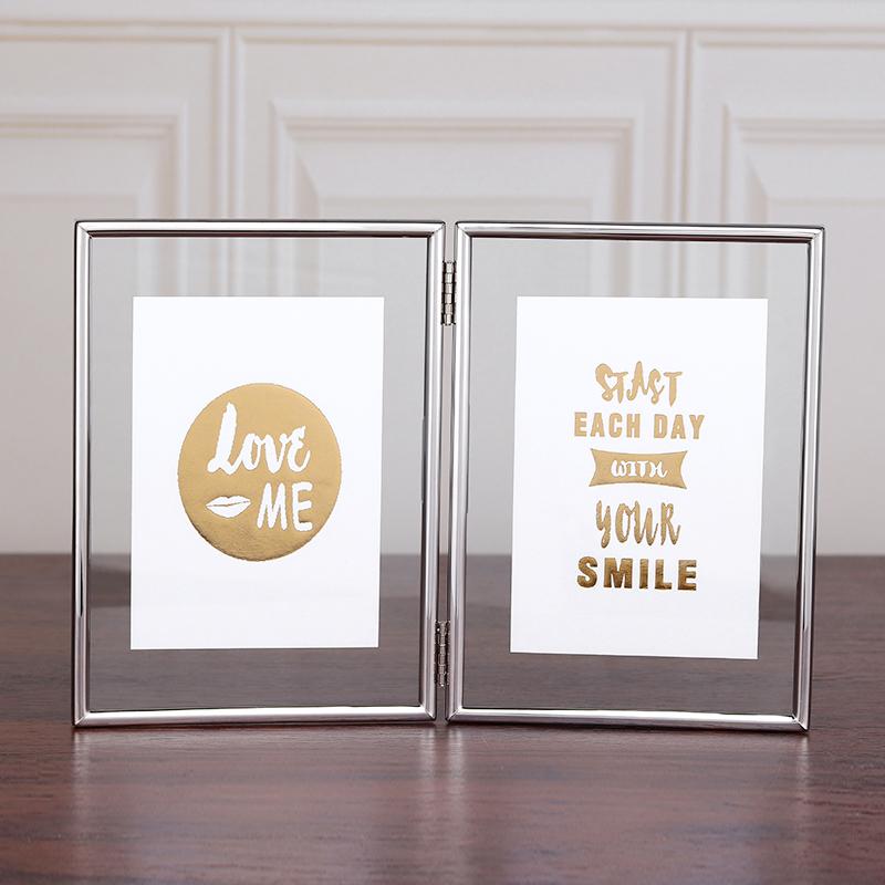 Foldable 3/2 Panel Gold Plated Photo Frame, Double Sided Clear Glass Desktop Display Stand, Photo Frame for 5/6/7/8 Inch Photos