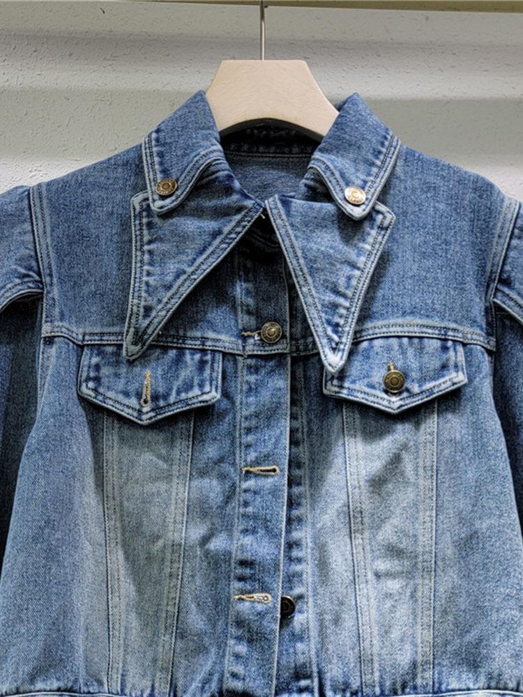 Dámský džínový kabát s volánovým lemem, design odhalených ramen, podzimní móda, klopový límec, dlouhý rukáv, dámský