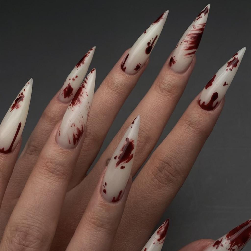 24 Pcs Black Long Almond Press On Nails Halloween Ghost Pumpkin Pattern Stiletto Fake Nail Tips