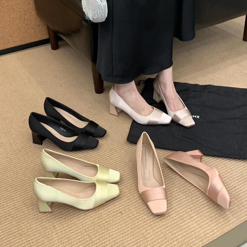 French satin square head thick heel high heels women's 2025 new champagne bridesmaid shoes fairy style temperament