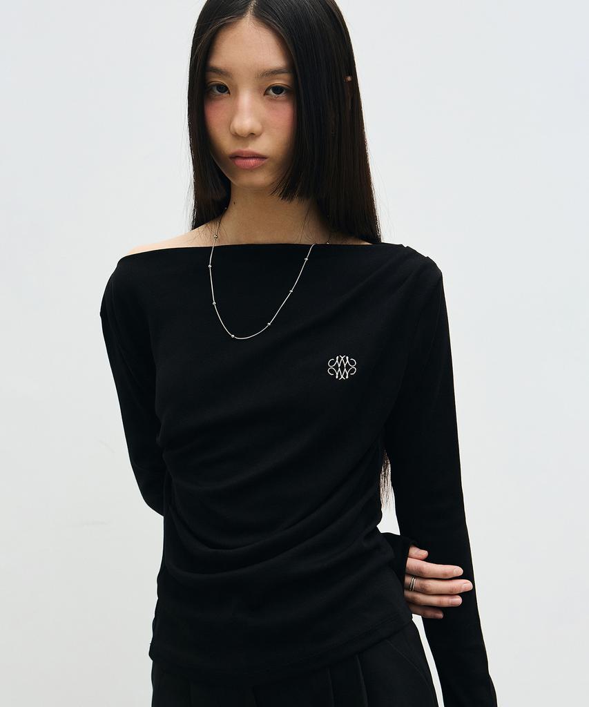Nigaennikol Shirring Drape Boat Neck Top_Black