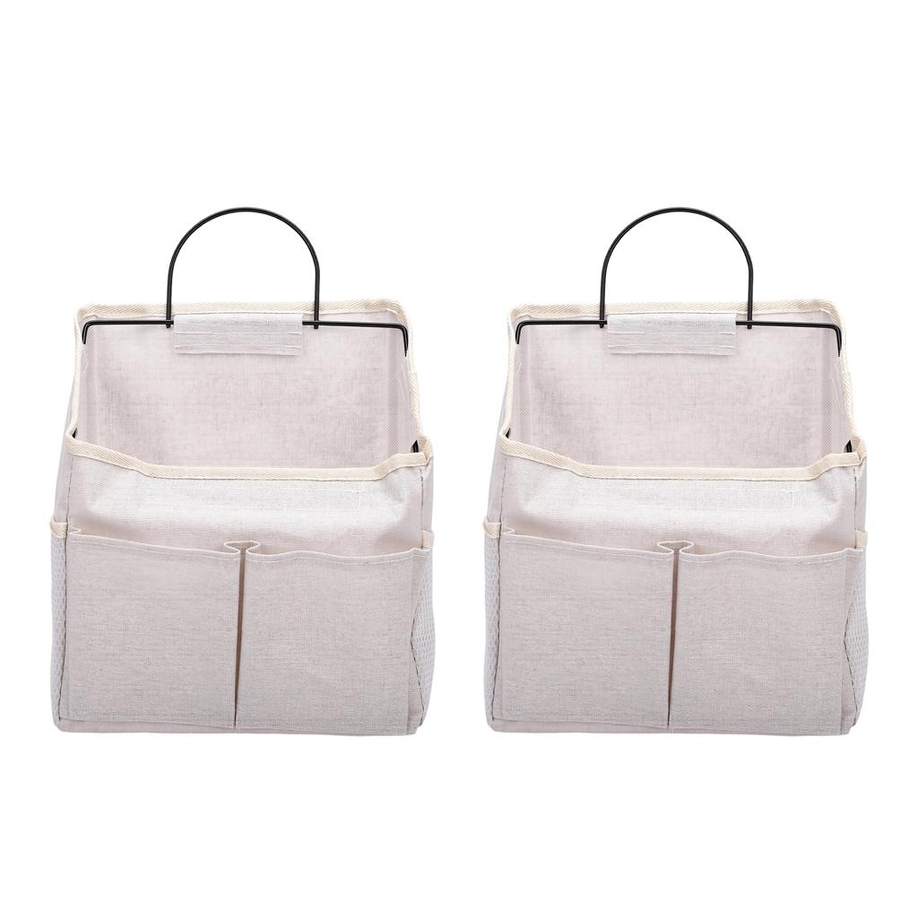 2pcs Wall Hanging Storage Bag Water Proof Closet Linen Fabric Pockets Organizer with Hooks for Living Room Bedroom Bathroom Kitchen Beige