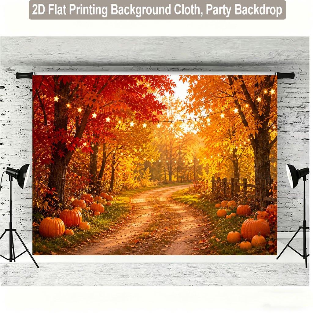 1 piece of 2D flat background fabric autumn forest path and pumpkin scenery background fabric wooden board wall.PMJ