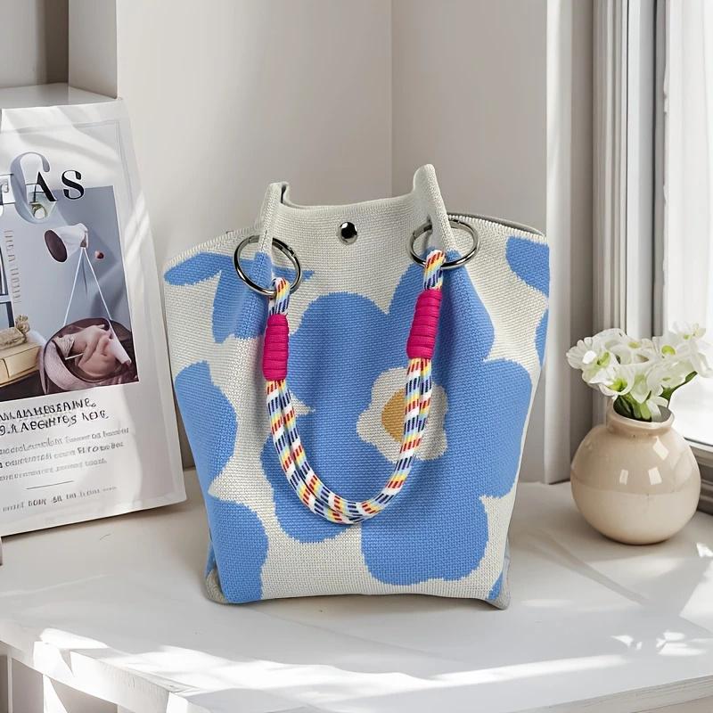 Women'S Vintage Floral Knit Tote Bag Storage Bag Lightweight With Adjustable Straps & Metal Rings Snap Closure For Casual Travel