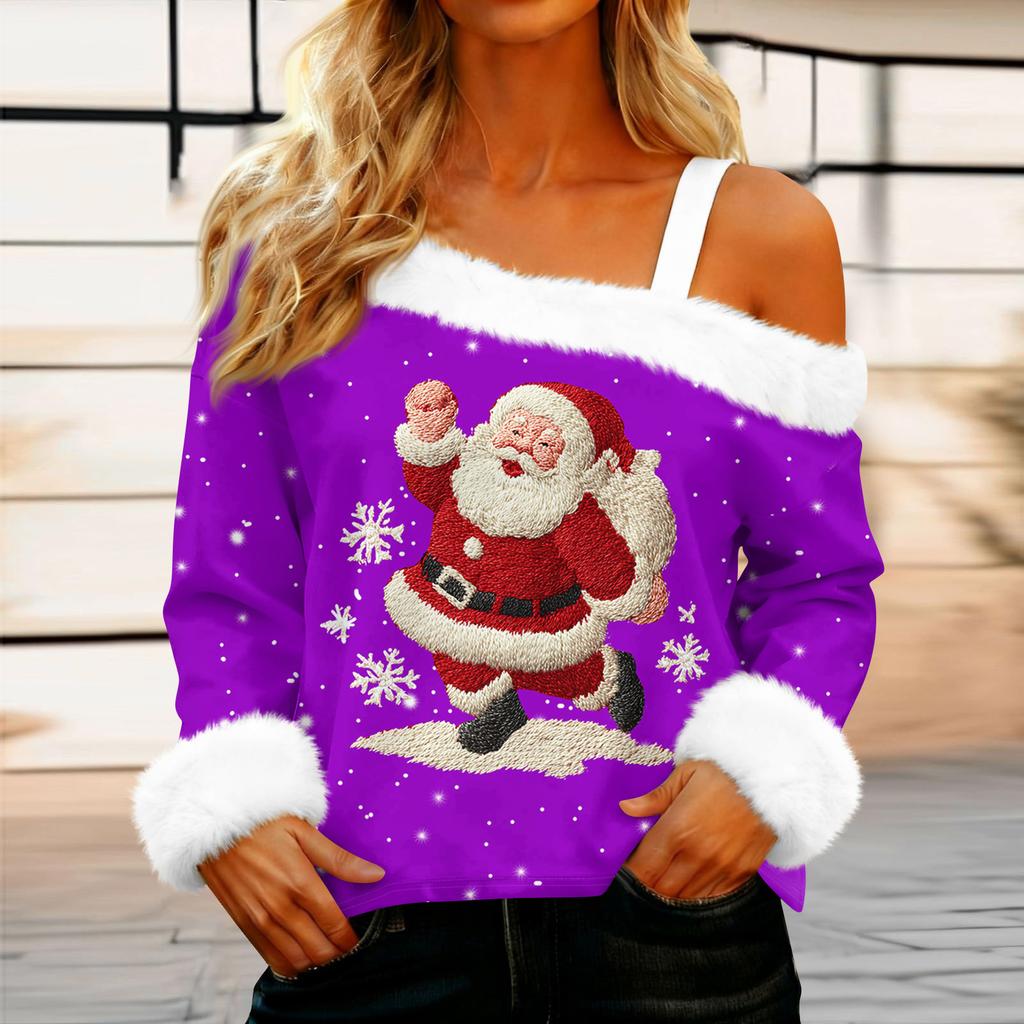 Dámská ležérní móda Sexy top s odhalenými rameny a vánočním vzorem, s dlouhým rukávem a kulatým výstřihem