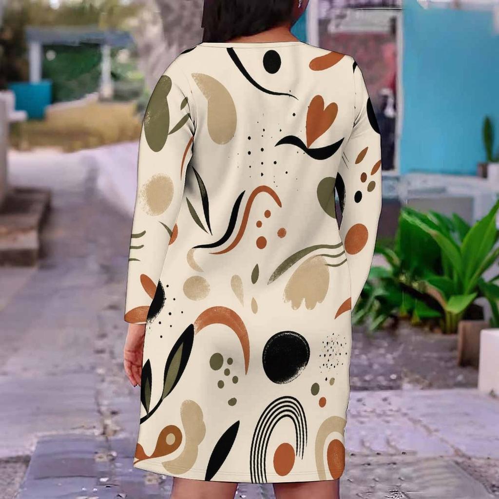 Women Plus Size V Neck Long Sleeve Abstract Printed Fitted Midi Dress
