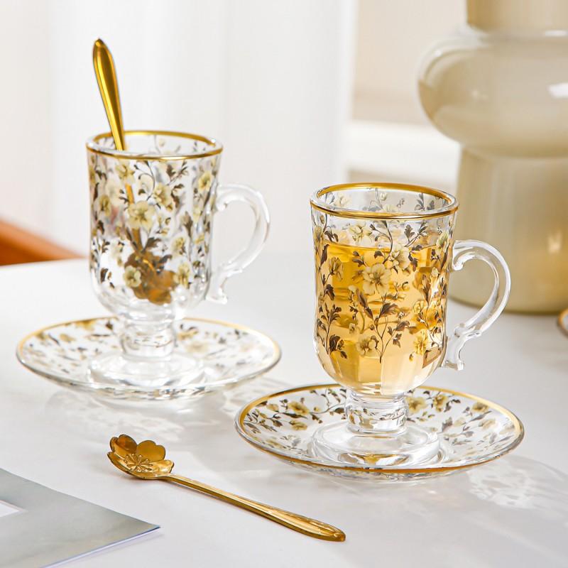 French Vintage Floral Glass Coffee Cup Set 120ml Heat Resistant Tea Milk Latte Home Office Use