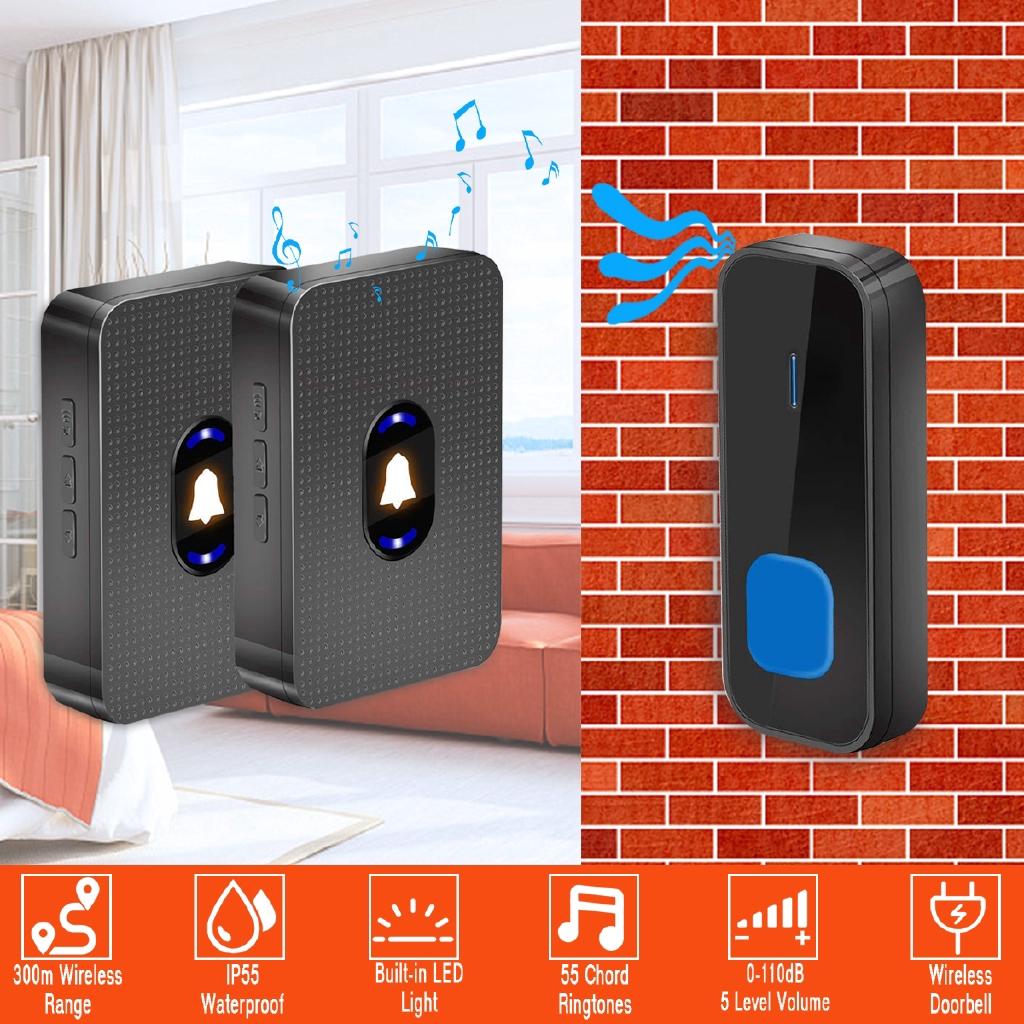 Wireless LED Waterproof Door Bell Cordless 1000ft/300M Range 55 Chime Doorbell UK/EU/US Plug 110-260V for Villas Hotels