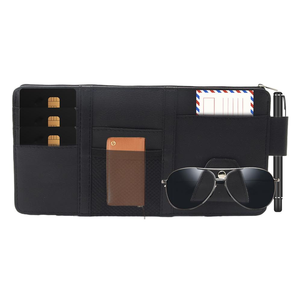 

Маленький автомобильный органайзер для козырька и хранения, органайзер для салона автомобиля, регулируемый держатель для солнцезащитных очков из искусственной кожи, многофункциональный, стильный чёрный