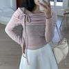 New Arrivals Open Run Off Shoulder Two Way BalleT Ribbon T shirT Sheer Long Slee